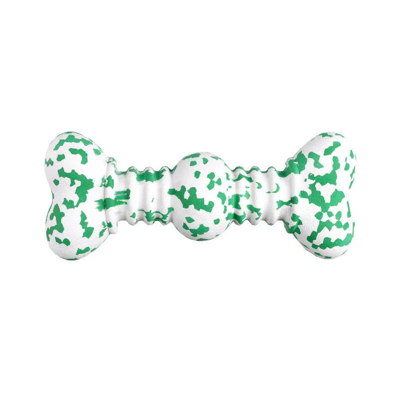 Natural rubber dog chew toy with camouflage design for aggressive chewers, USDA organic certified, in green, white, and yellow colours.