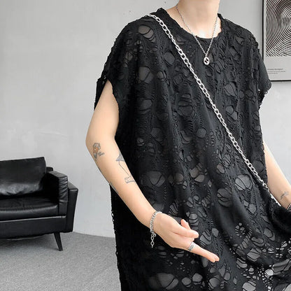 Black sleeveless vest with distressed hole detailing and wide shoulder loose fit