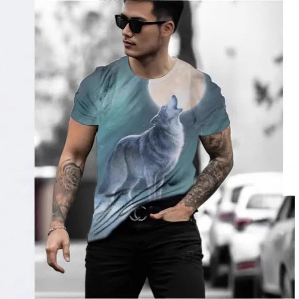 Man wearing a short-sleeved grey t-shirt with a retro-style 3D graphic of a wild animal printed on the front.