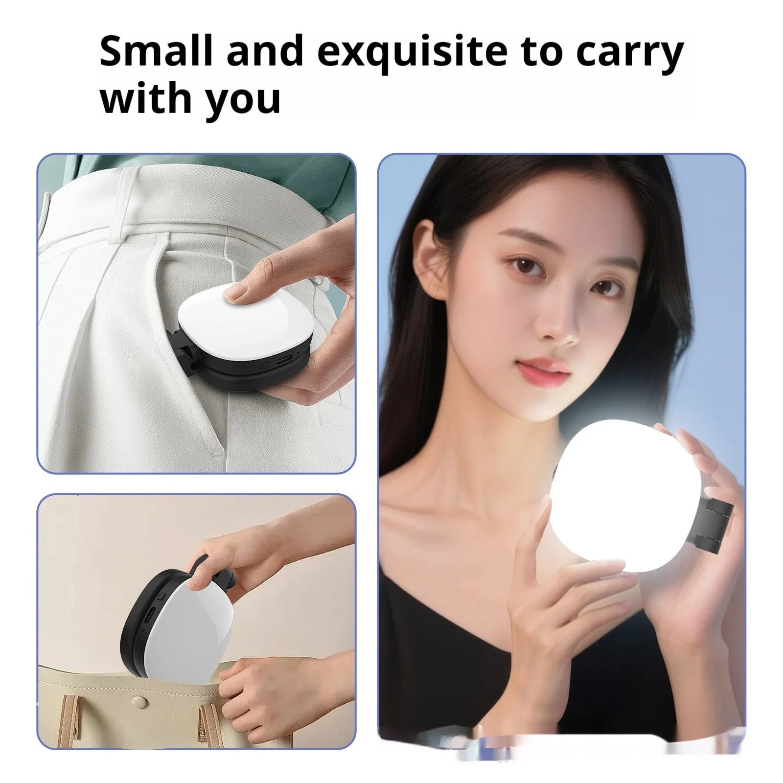 Black and white handheld mobile phone magnetic selfie fill light with adjustable brightness.