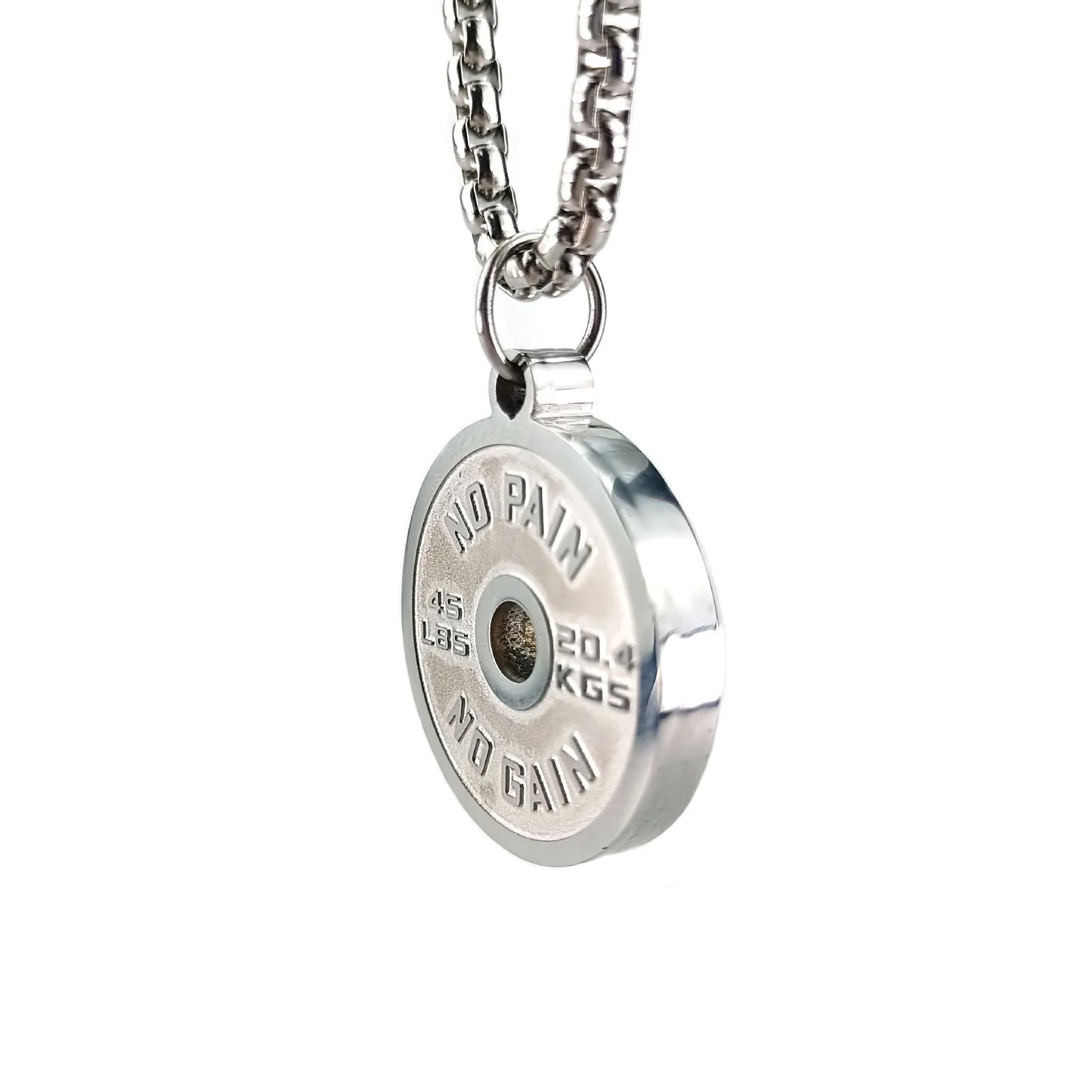 Stainless steel barbell disk geometric pendant necklace with polished finish and chain options