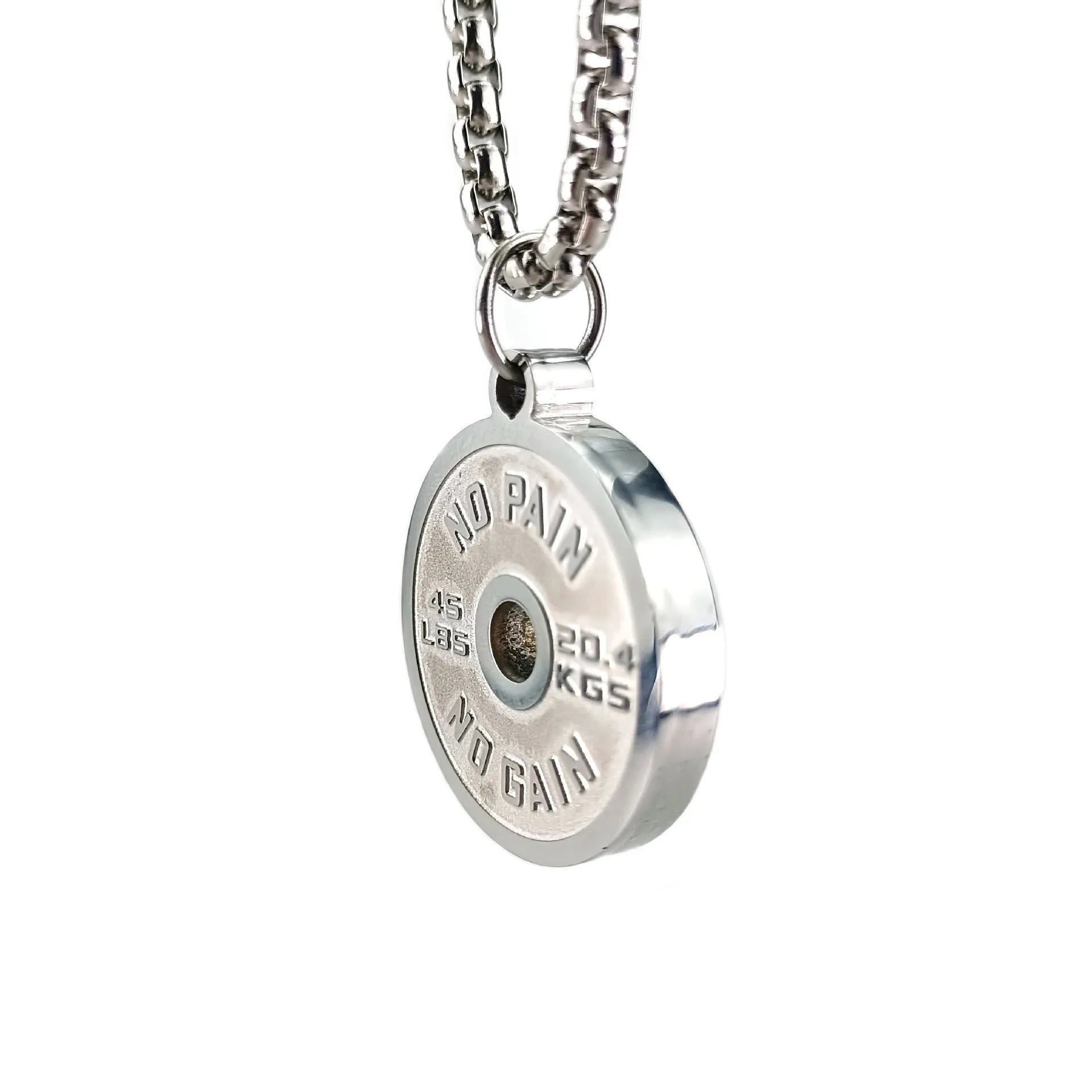 Stainless steel barbell disk geometric pendant necklace with polished finish and chain options