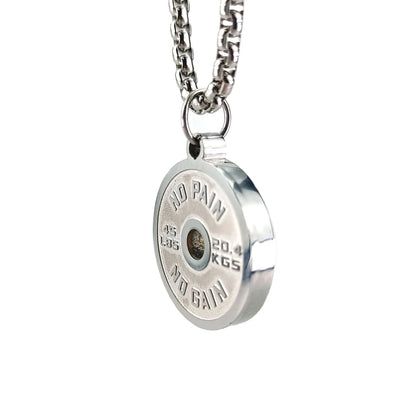 Stainless steel barbell disk geometric pendant necklace with polished finish and chain options