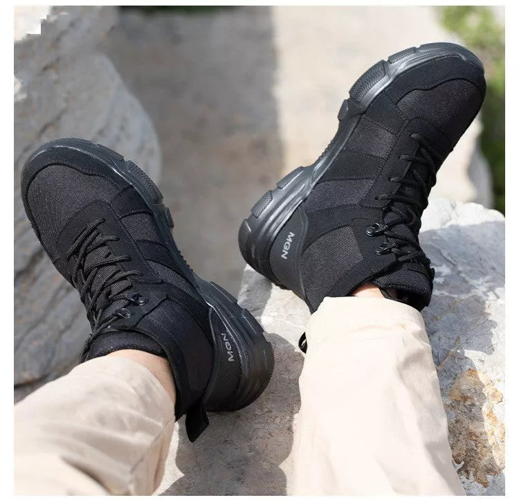 High-top protective shoes with steel toe and anti-puncture sole in black and beige