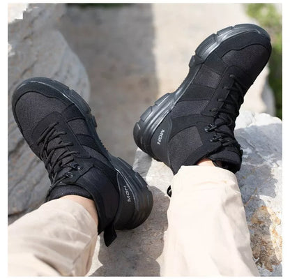 High-top protective shoes with steel toe and anti-puncture sole in black and beige