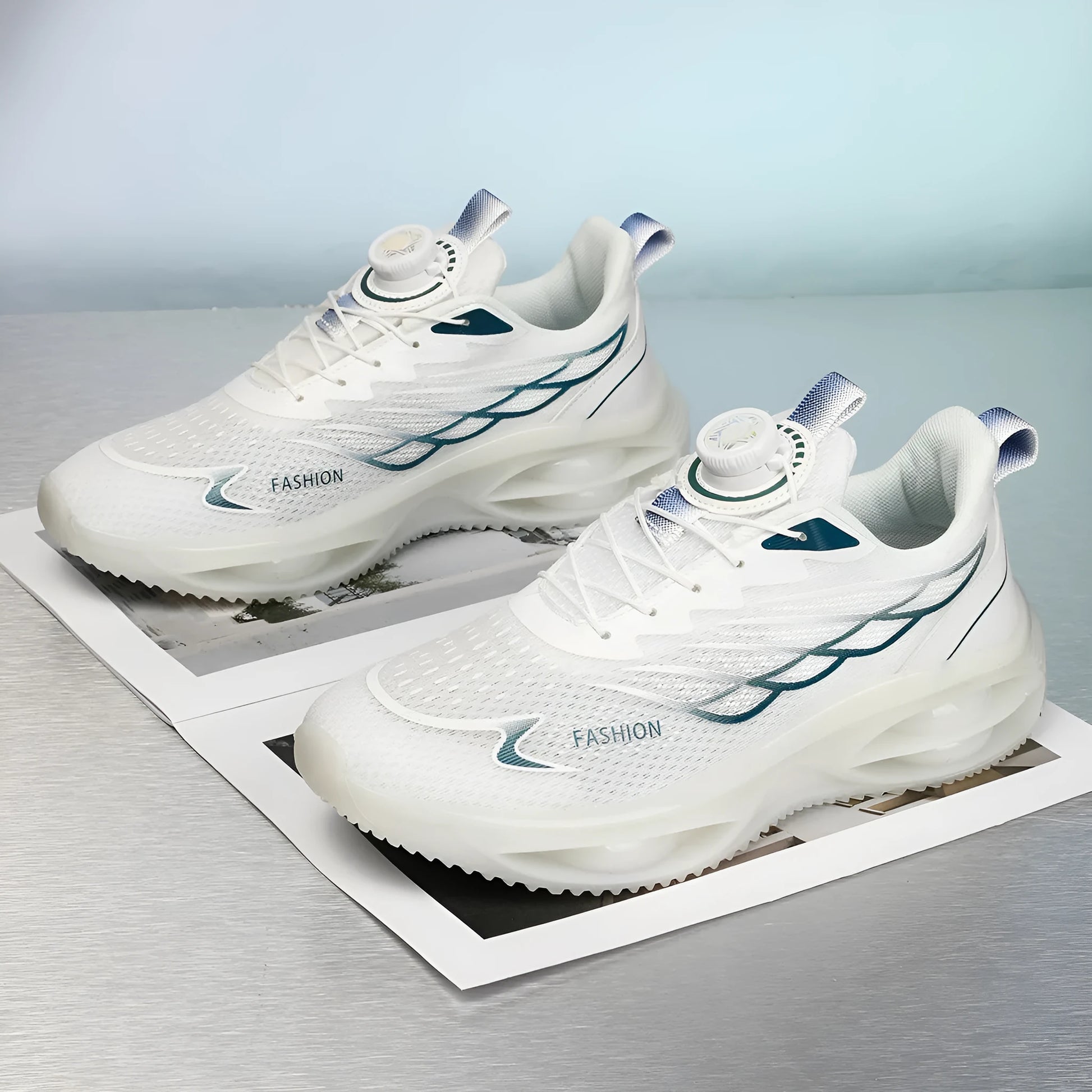 Casual breathable running shoes in sky blue colour with round toe and lace-up front.