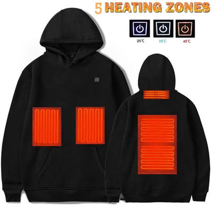 USB heated hoodie in black or grey, polyester, sizes M to 3XL, with included power bank for winter outdoor warmth.