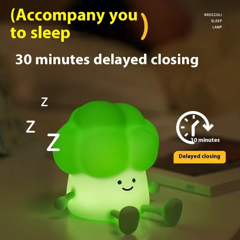 Cartoon eggplant shaped night lamp emitting soft yellow light, showing compact dimensions