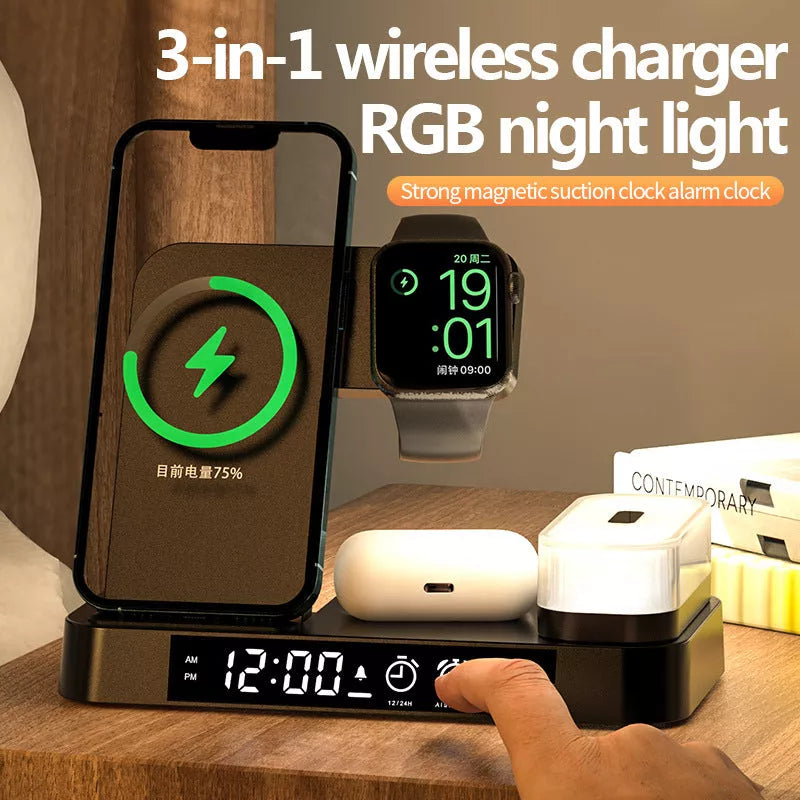 4-in-1 multifunction wireless charger station with alarm clock and RGB night light in white and black