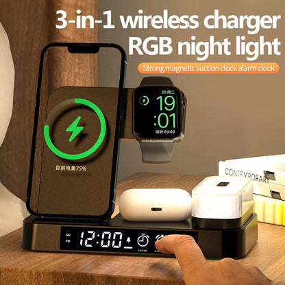 4-in-1 multifunction wireless charger station with alarm clock and RGB night light in white and black