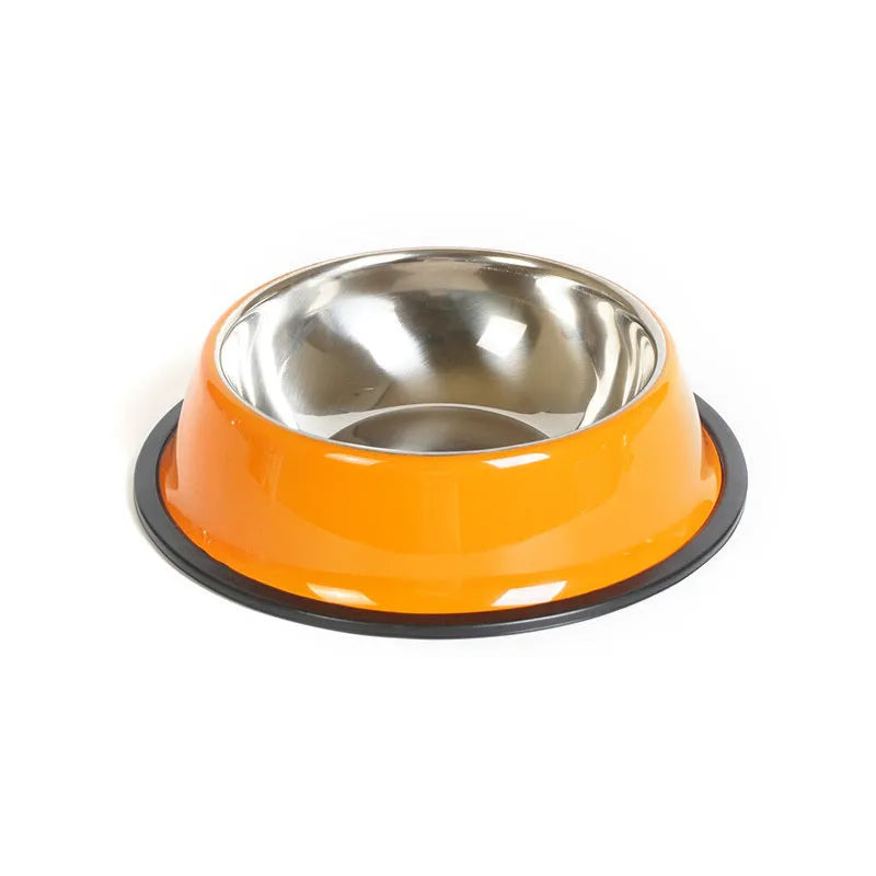 Stainless steel pet bowl with colourful melamine exterior in various sizes with non-slip rubber base