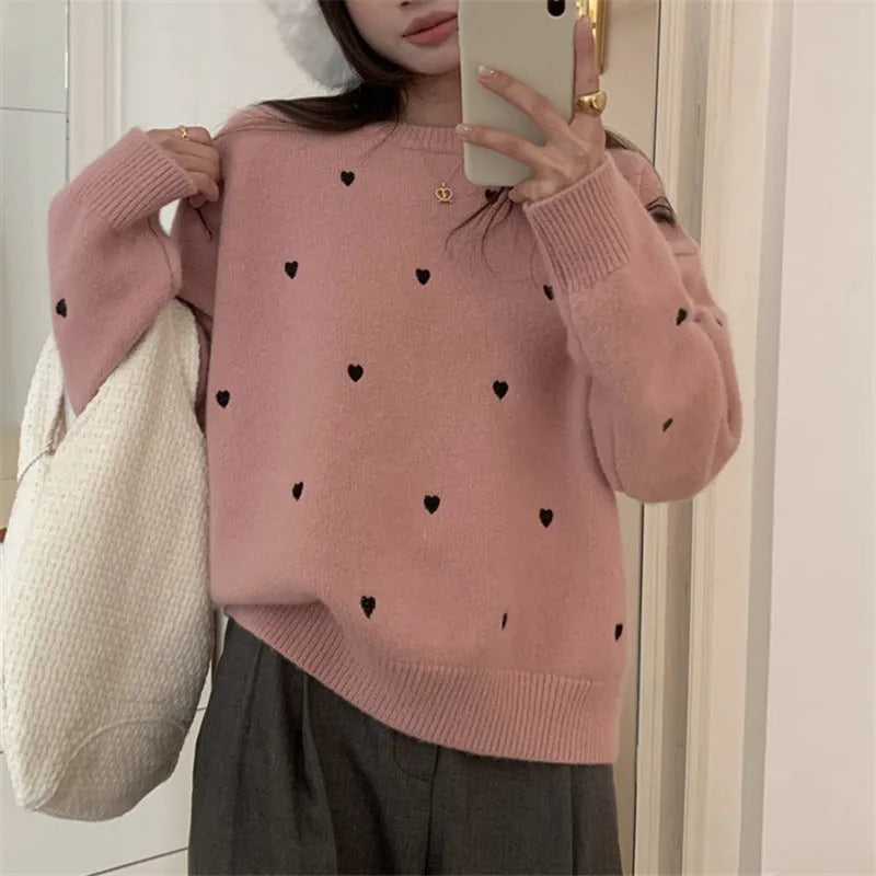 Women's loose fit acrylic pullover sweater with embroidered love pattern in milky white, grey, or pink
