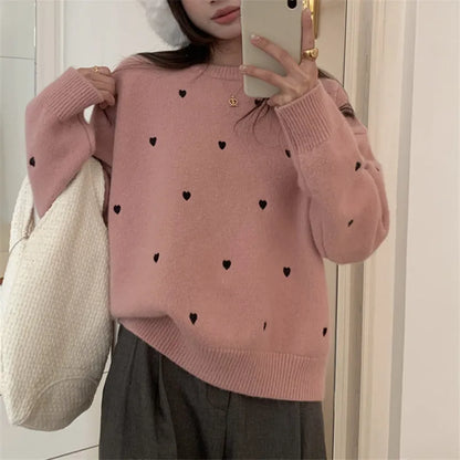 Women's loose fit acrylic pullover sweater with embroidered love pattern in milky white, grey, or pink