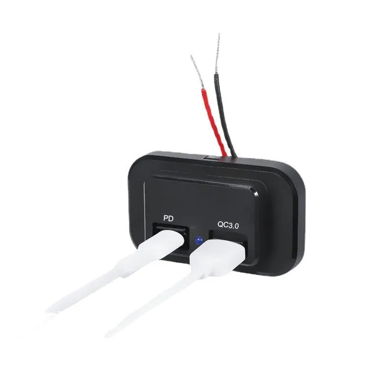 Black QC3.0 modified car charger with TYPE-C port for 36W fast charging in vehicles
