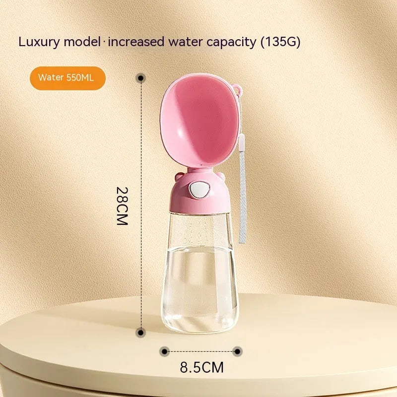 Portable dog water bottle with feeder bowl in brown, pink, or yellow colours for outdoor pet travel