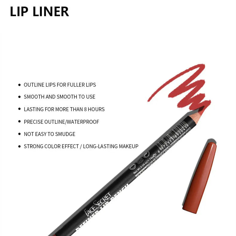 Matte lip liner pencil in wooden casing shown in shade range 201-214 on a white background
