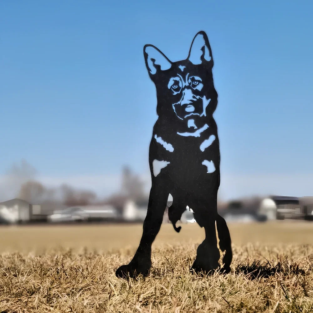 Metal dog silhouette garden decoration showing breed outline on iron background for outdoor display