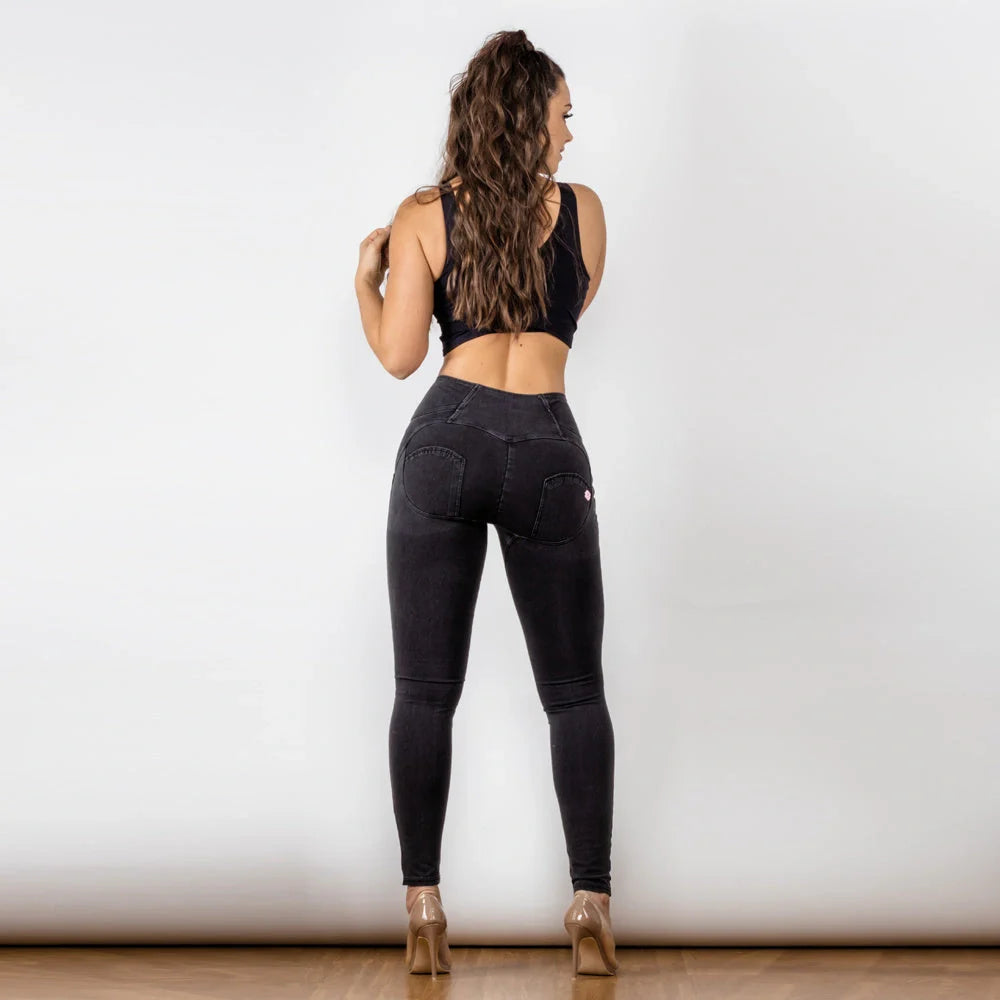 Black women's high waist button-up jeans with super elastic fabric