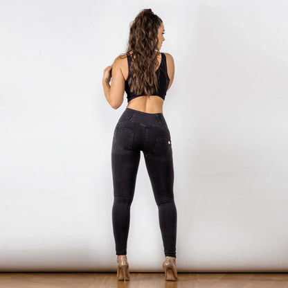 Black women's high waist button-up jeans with super elastic fabric