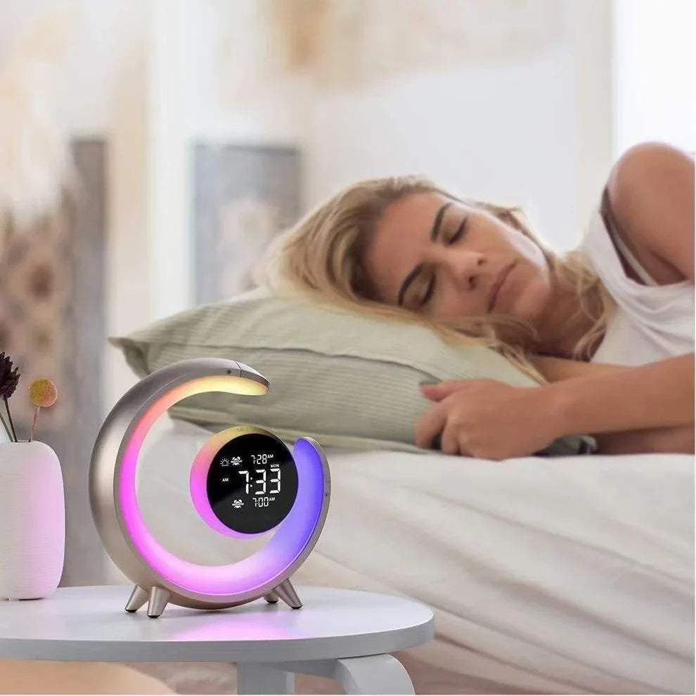 White noise dual alarm clock with heart shape, RGB display, and touch controls measuring 220x65x225mm