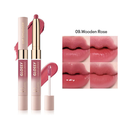 Double-headed lipstick and lip gloss case showing two applicators in 10 colour shades