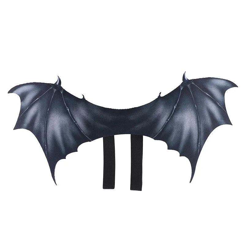 Black cloth bat wings for pet Halloween costume with adjustable straps, shown in three sizes: 40cm, 55cm, and 64cm wingspan