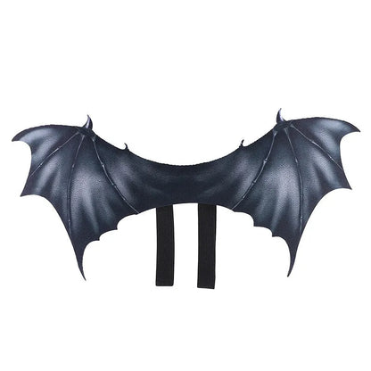 Black cloth bat wings for pet Halloween costume with adjustable straps, shown in three sizes: 40cm, 55cm, and 64cm wingspan