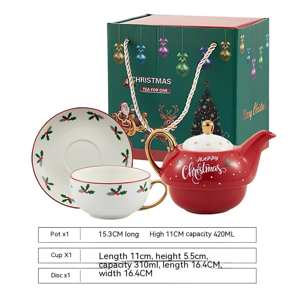 Christmas ceramic cup and saucer set with spoon featuring festive patterns and porcelain construction
