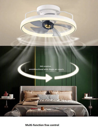 Simple Fashion modern ceiling fan with integrated light and white blades on a white ceiling.