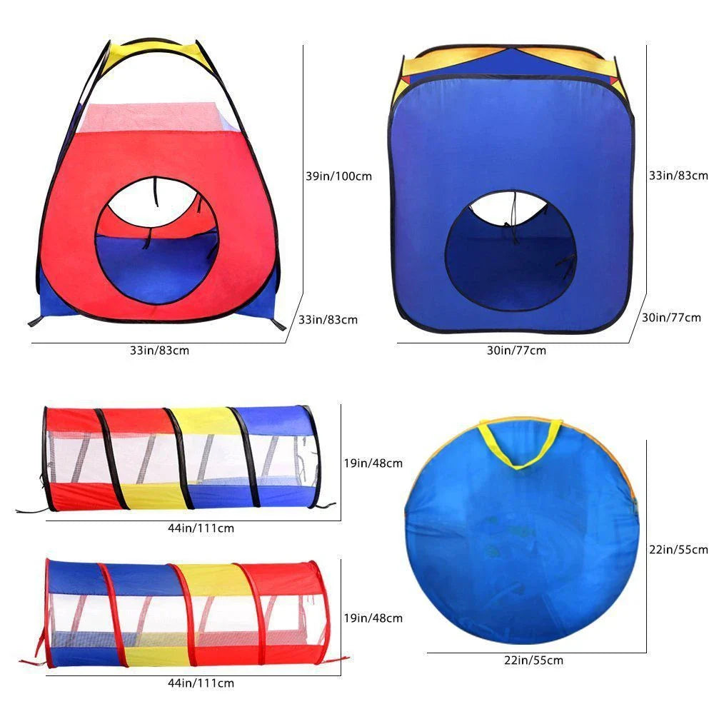 Foldable kids play house with a tent, ball pit, and tunnel for indoor and outdoor fun