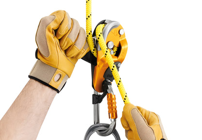 D021 RIG industrial rescue descender in yellow or black with auto-lock, for 10-11.5mm rope and 200kg load