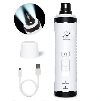 Electric dog nail trimmer device with LED display showing speed settings and dust collection system