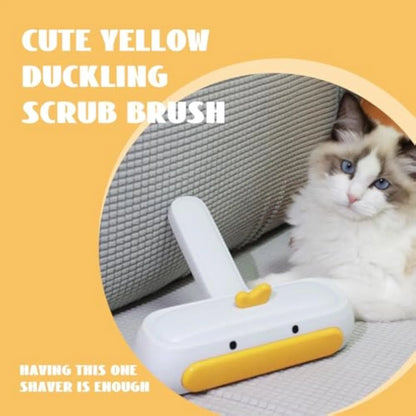 Portable pet hair remover with yellow duck design, showing polyester bristles and compact 15 cm size for removing fur