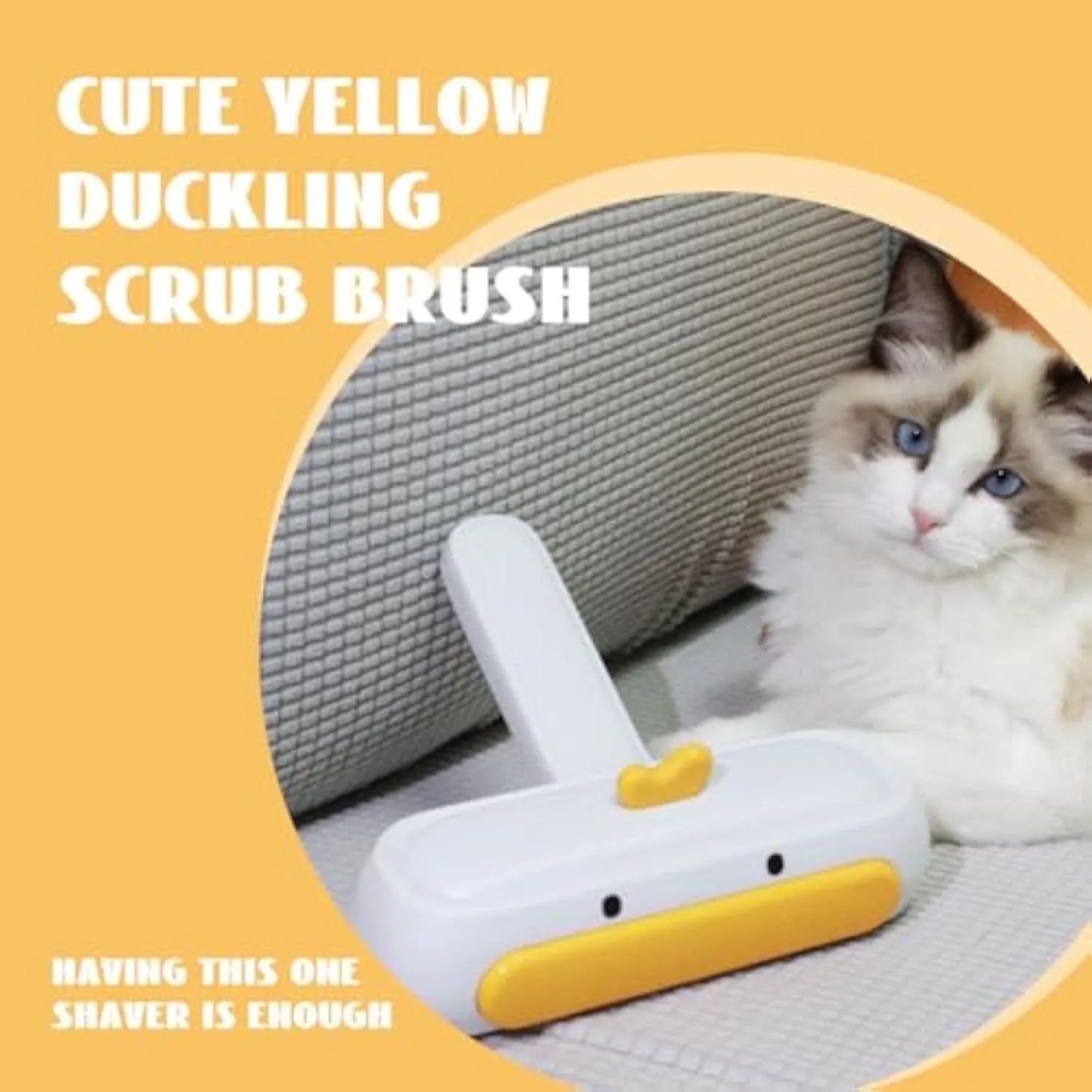 Portable pet hair remover with yellow duck design, 12cm long and 5cm wide, for removing fur from surfaces