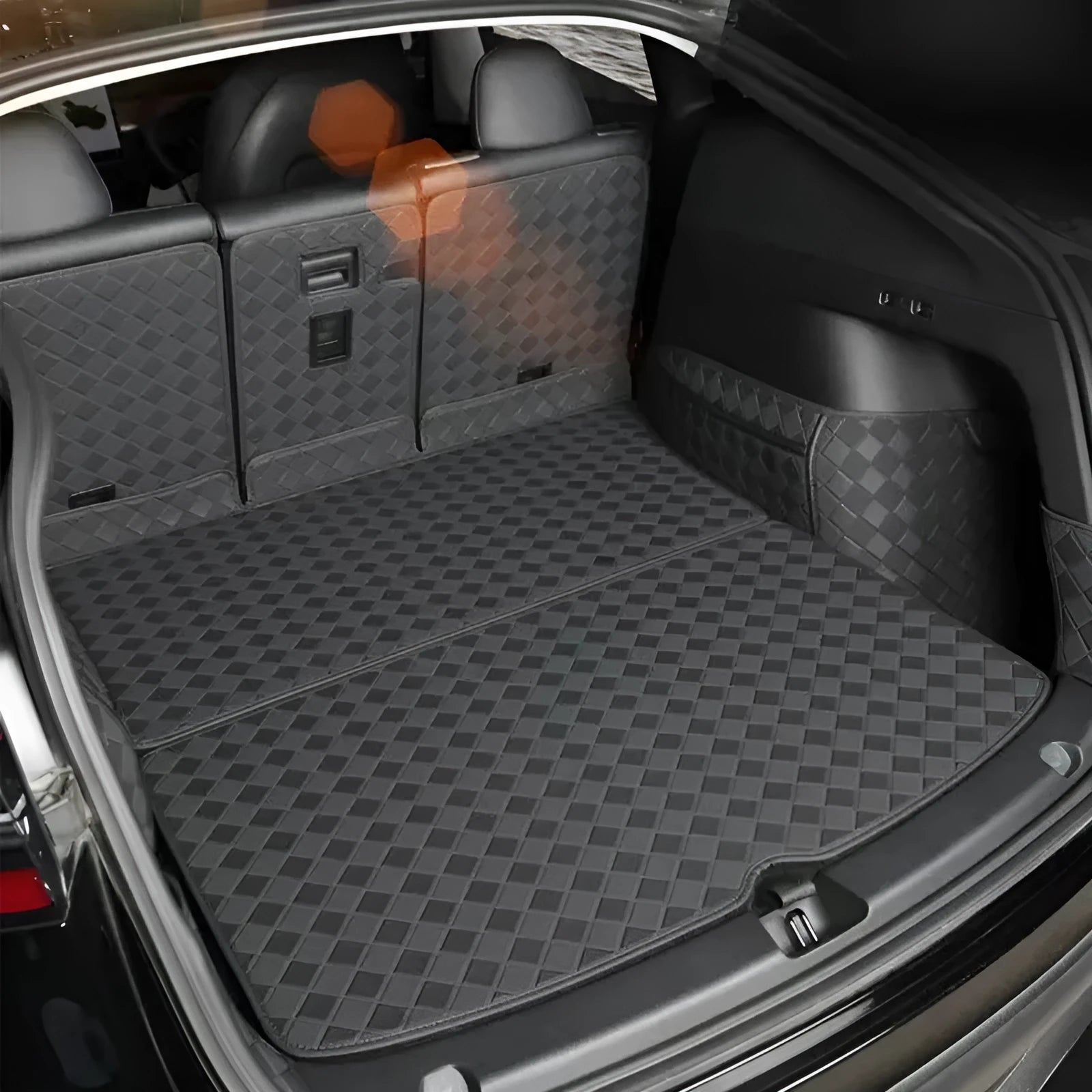 Tesla Model 3 and Model Y leather trunk mat in black PU leather with buckle fitting