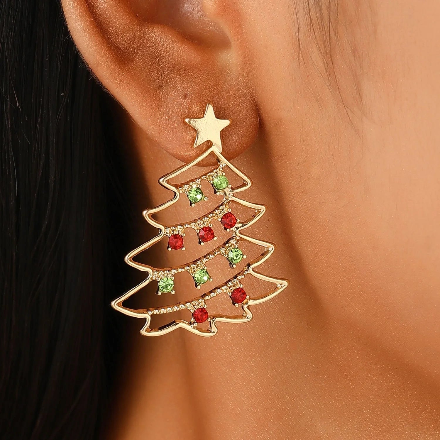 Colorful Zircon Christmas Tree Earrings for Women - Festive Holiday Jewelry