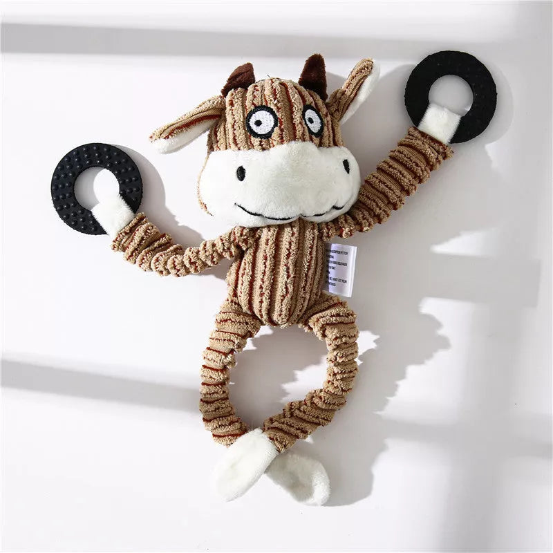 Donkey-shaped corduroy chew toy for dogs with squeaker, available in white, brown, and gray