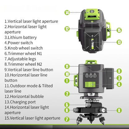 Green 16-line 3D laser level tool with compact black housing on a work surface.