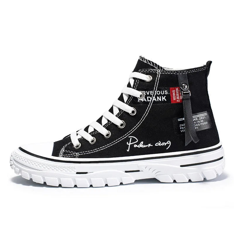 Men's high top canvas casual shoes with letter pattern, front lace-up, round toe, white green black, sizes 39-44