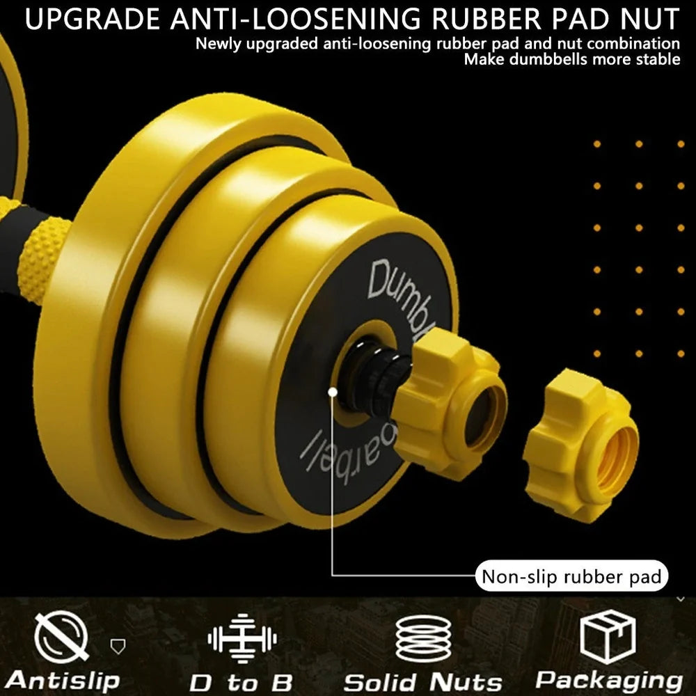 Yellow adjustable dumbbell barbell set with connecting rod and weight plates for home strength training