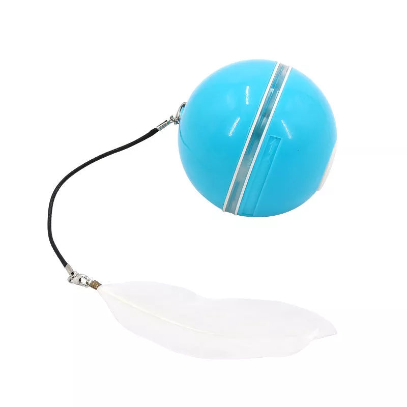 Automatic LED cat ball toy with feather and bell attachments in pink, blue, or white