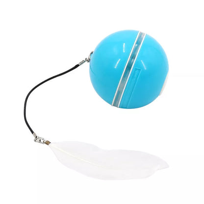 Automatic LED cat ball toy with feather and bell attachments in pink, blue, or white