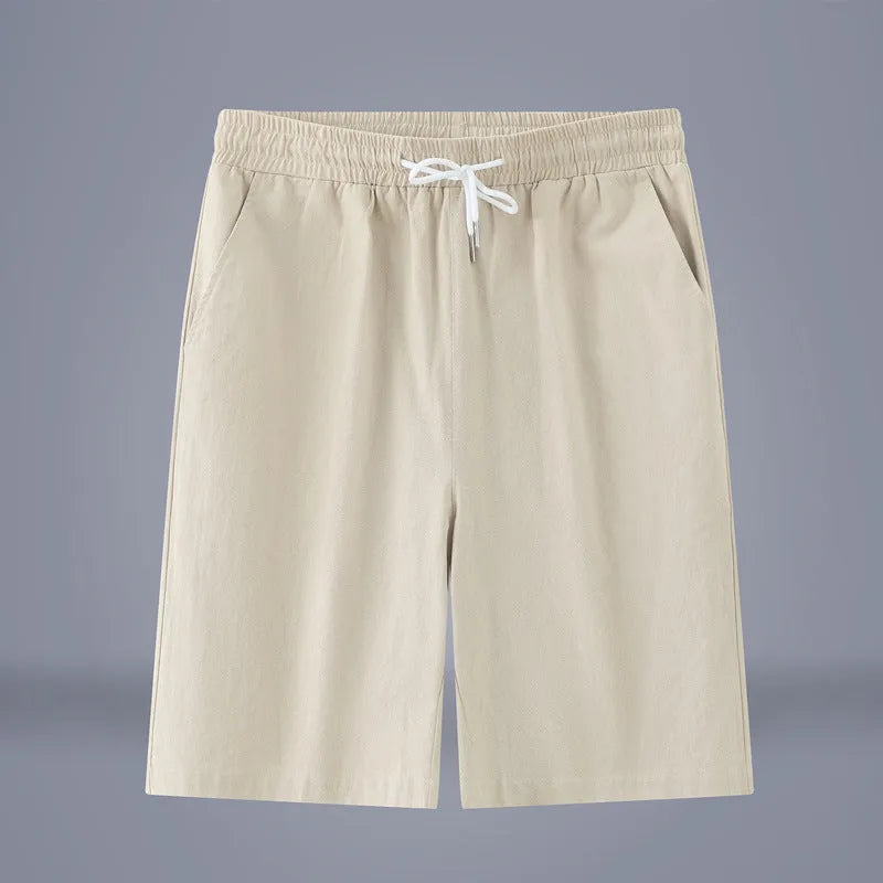 Chinese-style solid colour cropped pants with drawstring waist in cotton linen blend fabric