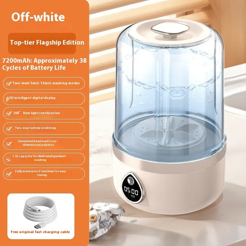 Portable white mini washing machine with USB cable showing 13.5cm width and compact design