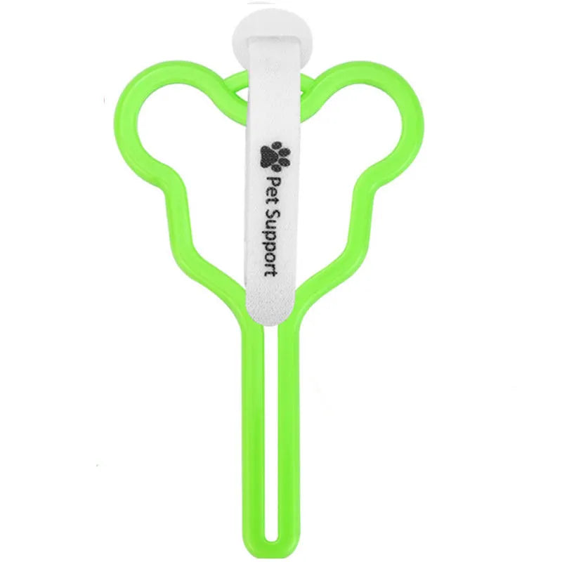 A dog poop bag dispenser with a hands-free clip and adjustable Velcro strap attached to a dog lead.