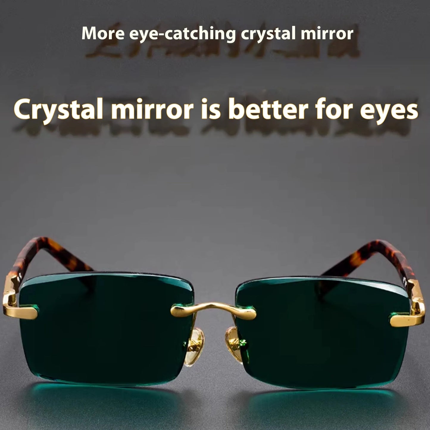 Dark green frameless crystal glasses with sunshade lenses, case, and cloth