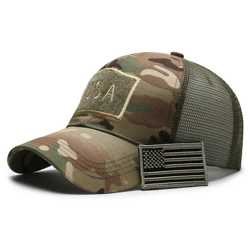 Tactical camouflage baseball cap with adjustable sizing and dome crown