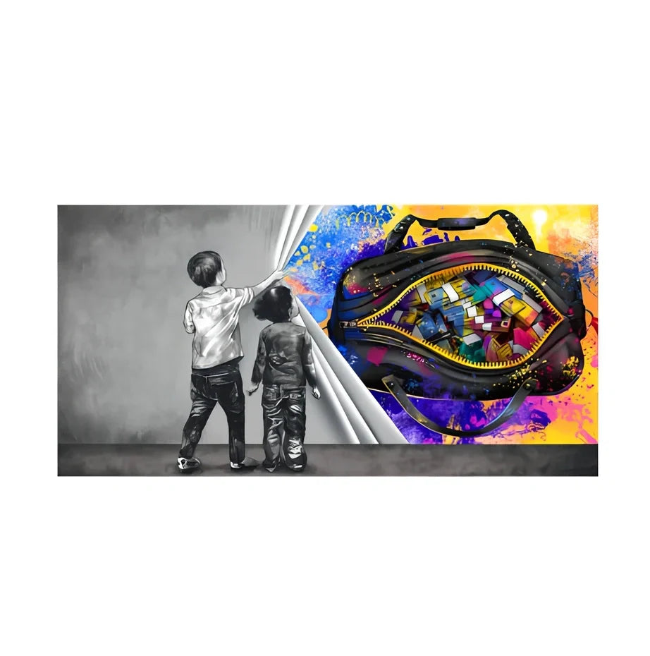 Frameless abstract graffiti canvas art for children's rooms in multiple sizes and colour variations
