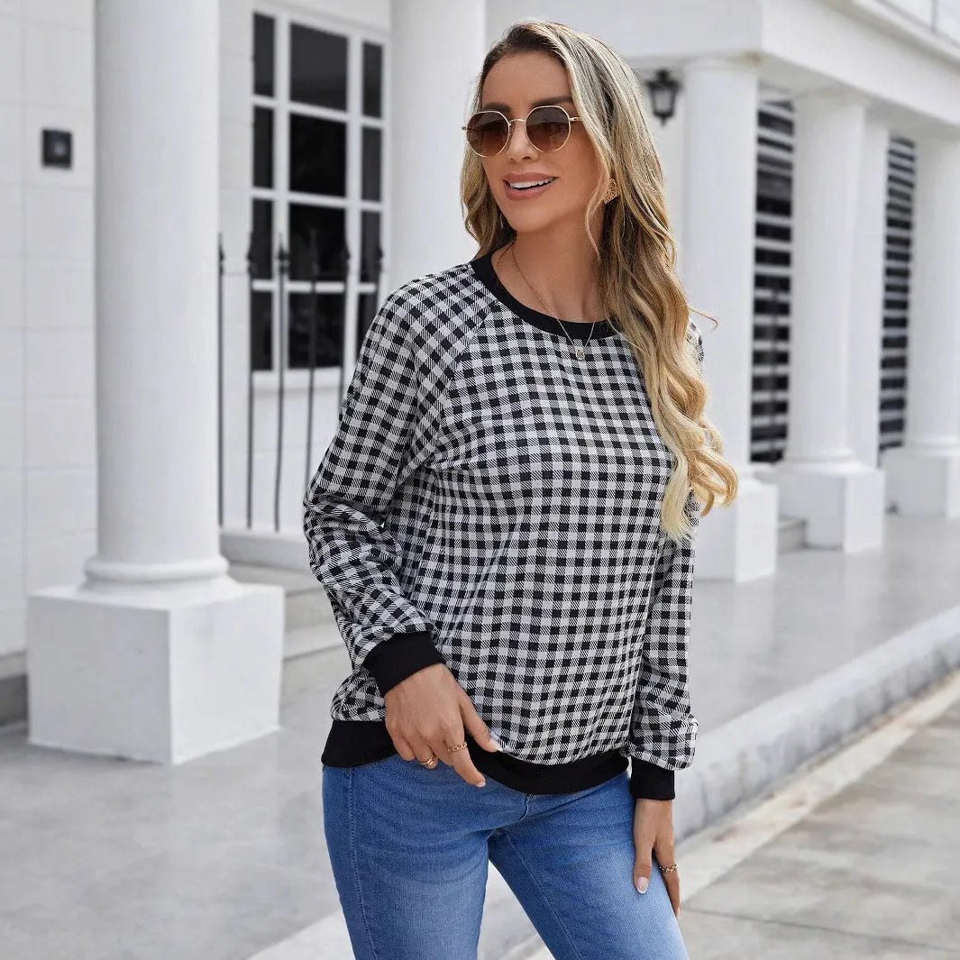 Black plaid long sleeve pullover sweater with printing, sizes S to XXL