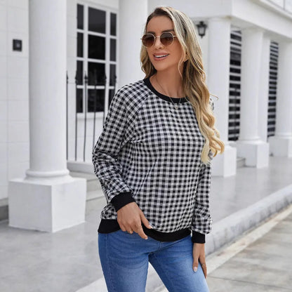 Black plaid long sleeve pullover sweater with printing, sizes S to XXL